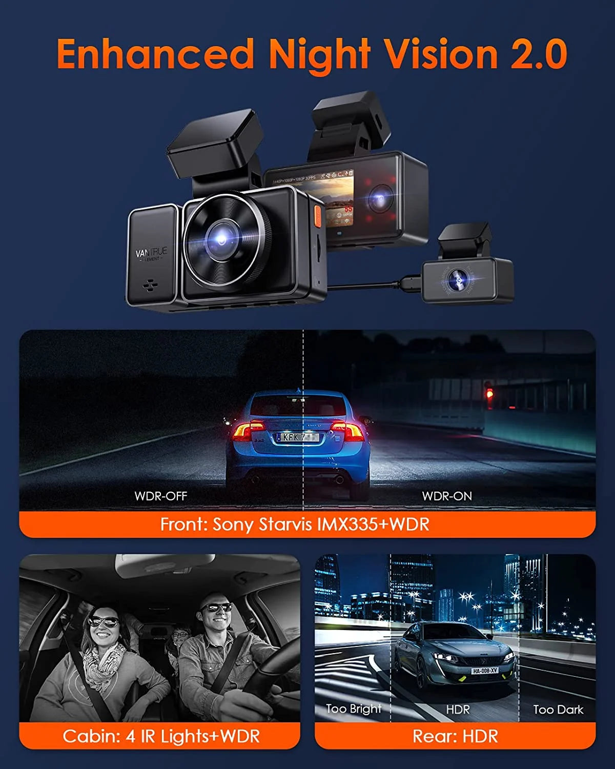 2.5K with Dash Dash Way Parking Vision, 24 and Rear Hours Night 3 IR 3 Cam Front STARVIS Support Voice 1944P+1080P+1080P Control, Triple WiFi Vantrue 512GB Camera Mode, Inside, GPS E3 Channel Max