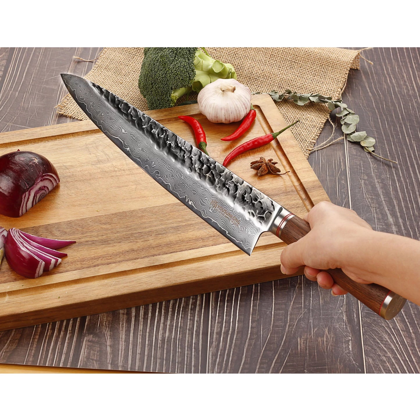 12 - Natural YOUSUNLONG Chef inch Japanese Handle Pro Hammered with Steel Walnut Knife Gyuto Damascus Sheath Wooden Leather