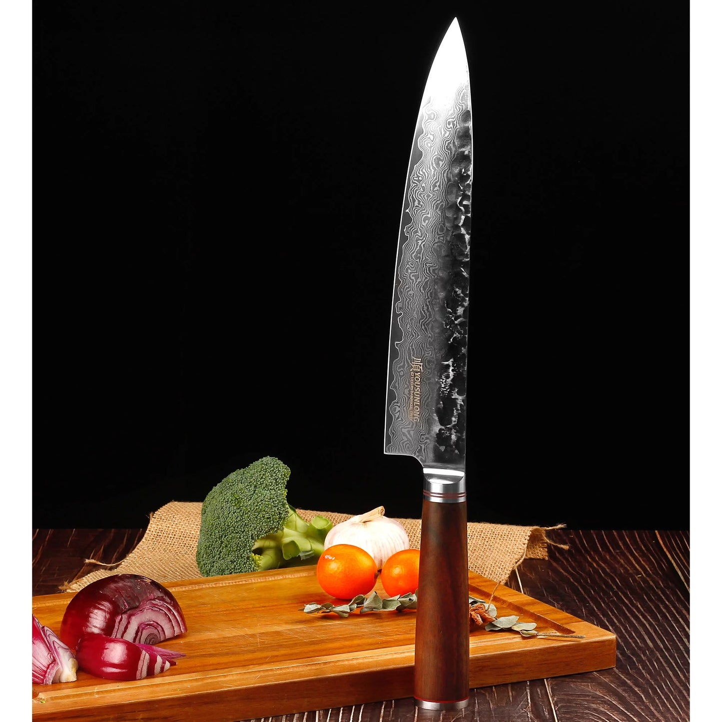 12 - Natural YOUSUNLONG Chef inch Japanese Handle Pro Hammered with Steel Walnut Knife Gyuto Damascus Sheath Wooden Leather