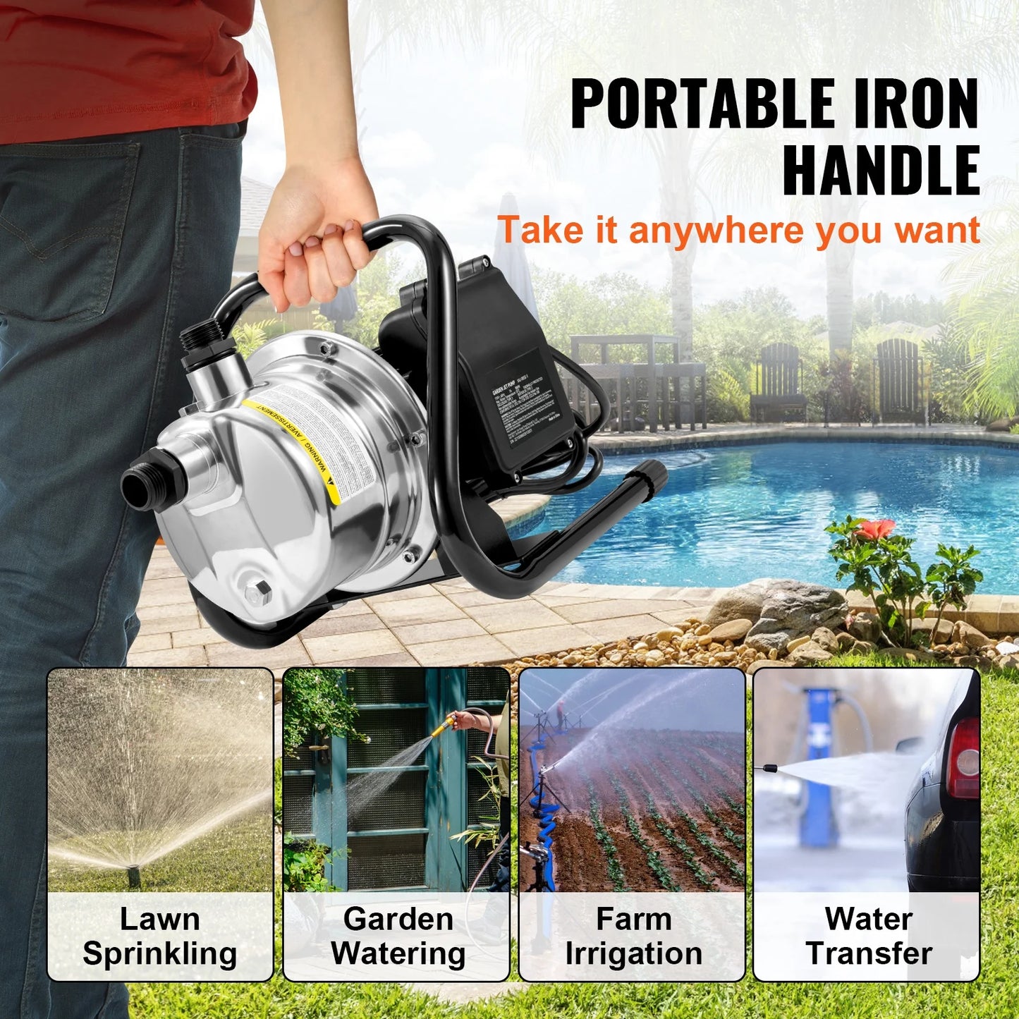 1200 ft Pump, Pressure, Max Steel Lawn Pumps Lake 1.5 WaterTransfer system, Portable Irrigation Height, BENTISMShallowWell Jet HP Booster Garden Stainless psi 115V, GPH Fountain, 87 164 for Sprinkler