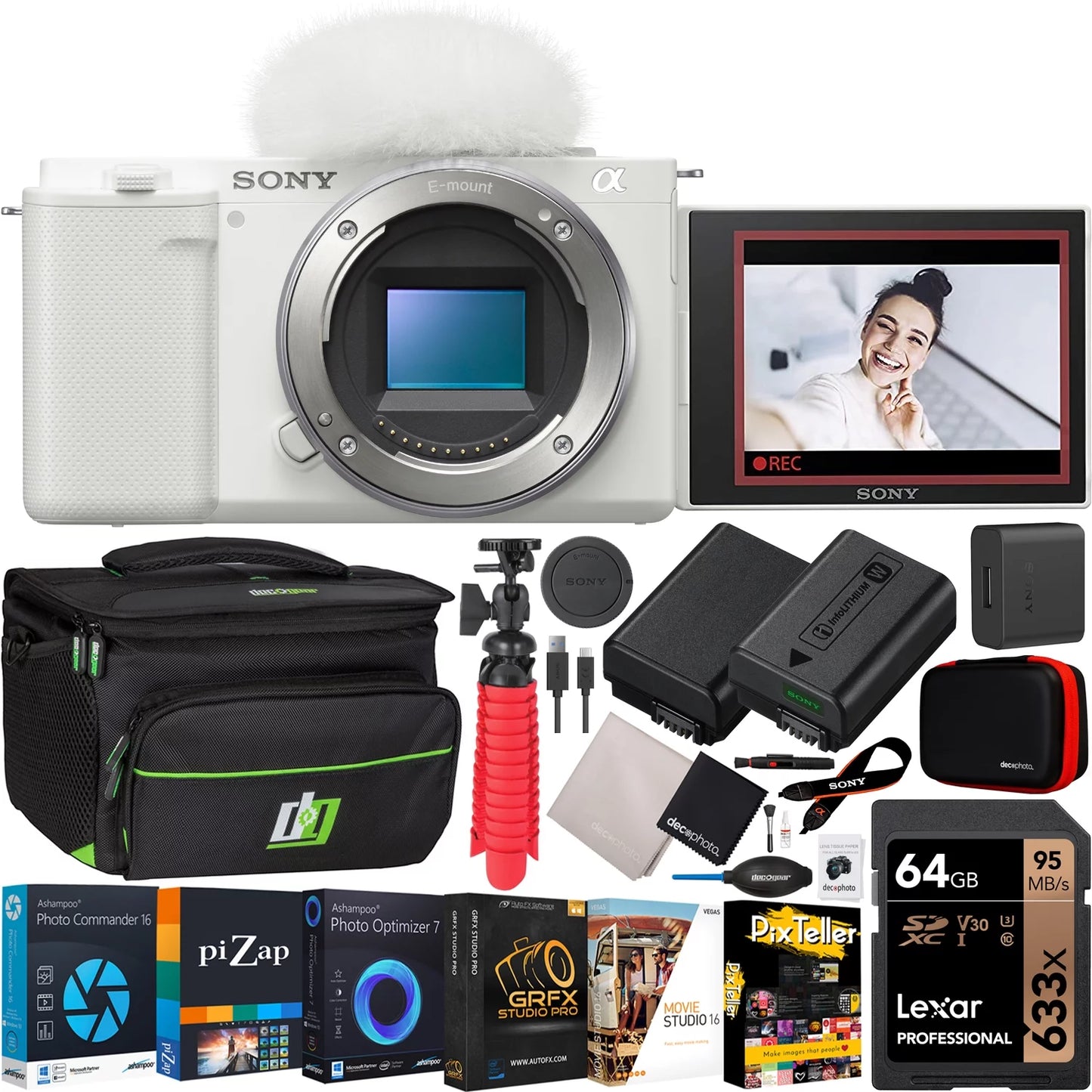 (Body, ZV-E10 Gear Lens Mirrorless with Deco Extra Video White) Camera & Photo Accessories Kit Case APS-C Vlog Sony Photography Alpha Battery ILCZV-E10/W Bundle + Software Interchangeable +