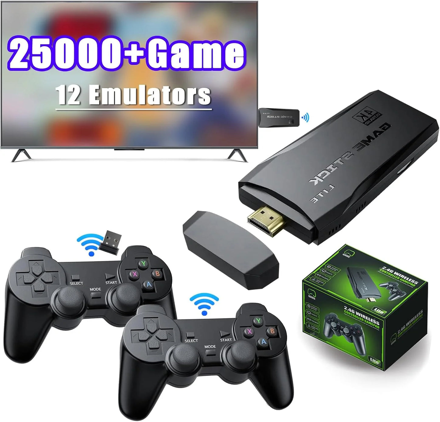 2.4G HD Plug and TV, Video Retro 25,000+ Wireless Support 12 Compatible Controllers Emulator Wireless Console, Stick Games Games, Game Play Game Console Output, Retro 4K 64G, for with