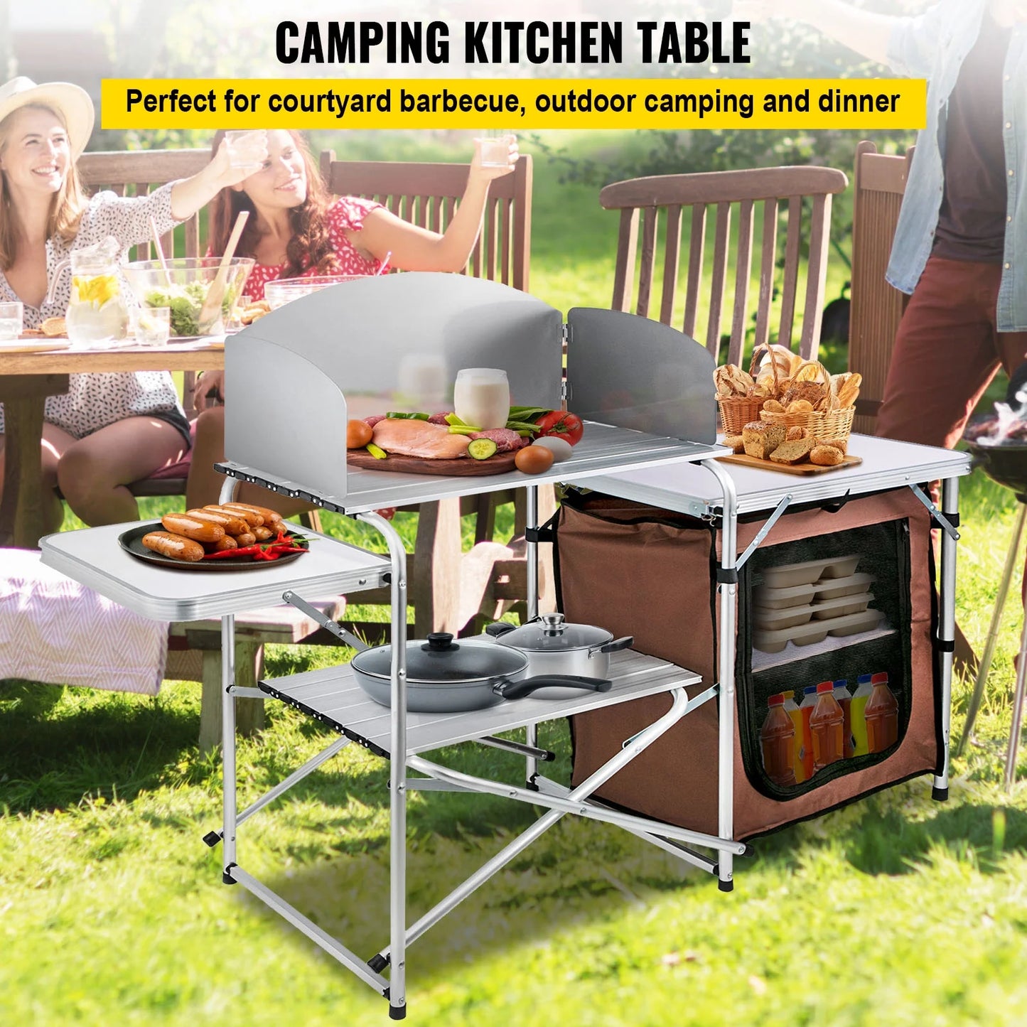 2-Tier, Party, Outdoor Camping Table Table for Color, Portable Camp Kitchen Zippered BBQ, Folding Camping, Table Brown SKYSHALO Bag with Cook