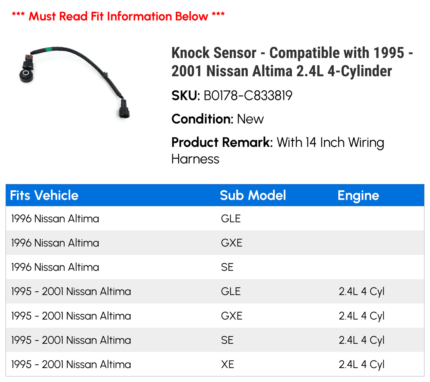 2.4L 1999 Knock - with Compatible 1995 1997 1996 Altima Sensor 2000 4-Cylinder 1998 - Nissan 2001