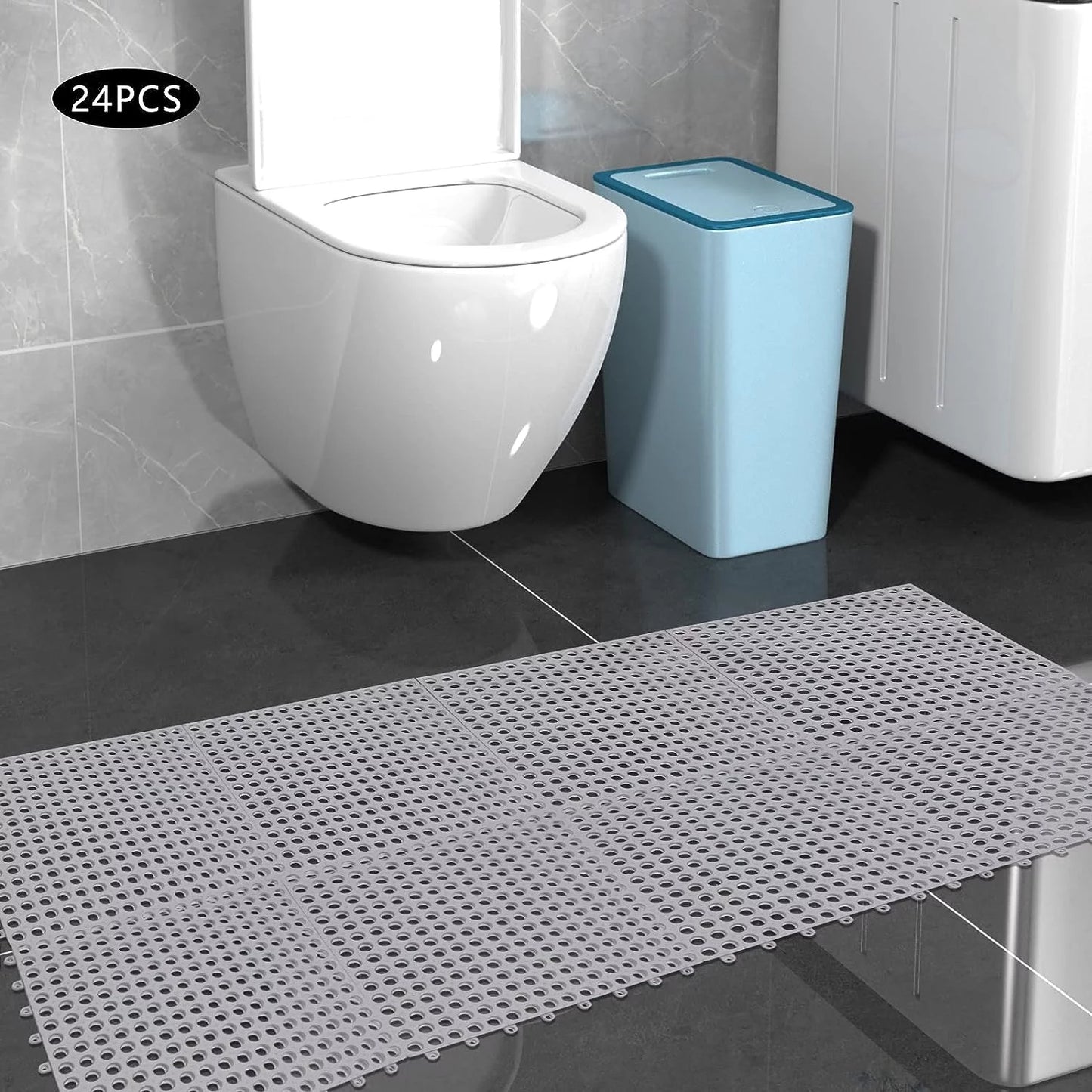 11.8*11.8" Pool Shower Interlocking Gray 24PCs Nonslip Holes Mat,Soft with Drainage Mat for PVC Bathroom, Floor Bath Kitchen,