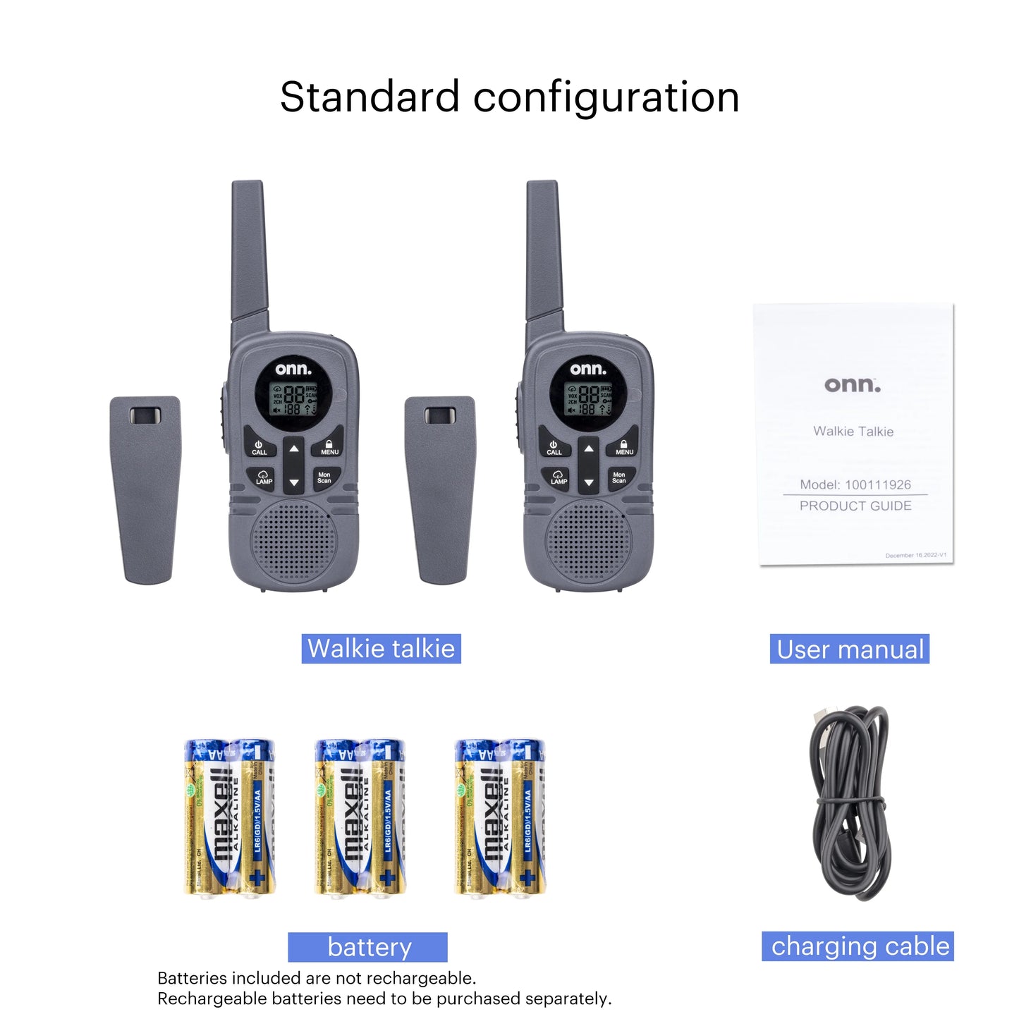 16 Miles Two LED Way pack 2 Radios, privacy 121 Light, Walkie Onn. Channels Talkies with