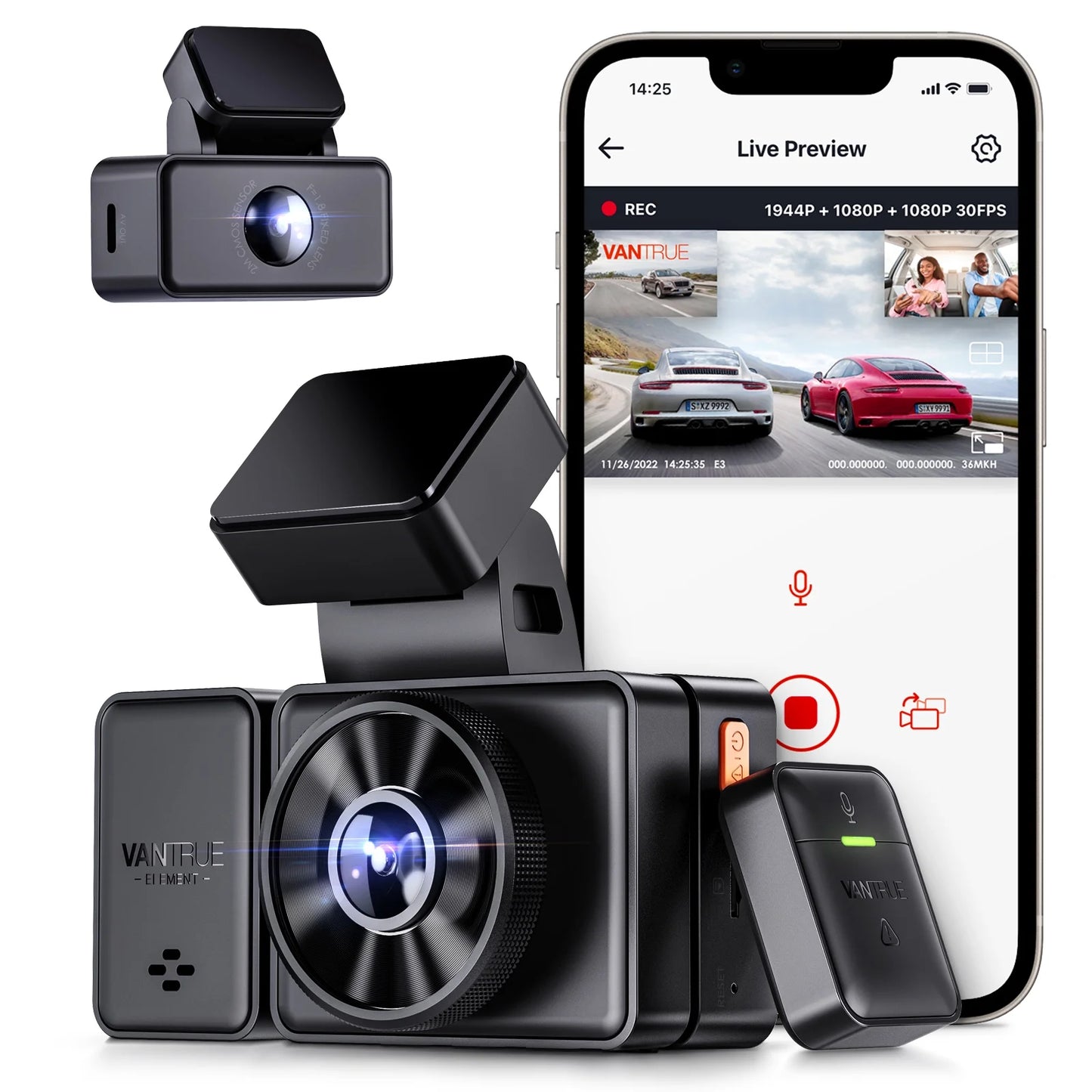 2.5K with Dash Dash Way Parking Vision, 24 and Rear Hours Night 3 IR 3 Cam Front STARVIS Support Voice 1944P+1080P+1080P Control, Triple WiFi Vantrue 512GB Camera Mode, Inside, GPS E3 Channel Max