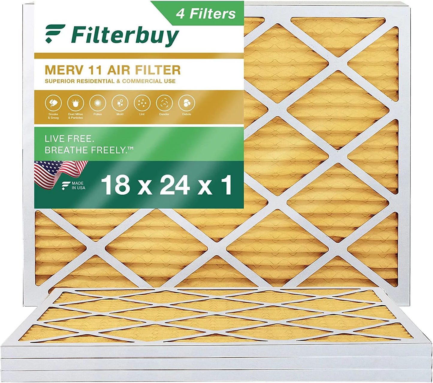 (4-Pack) 18x24x1 MERV 11 Filters Pleated Furnace Air HVAC AC Filterbuy