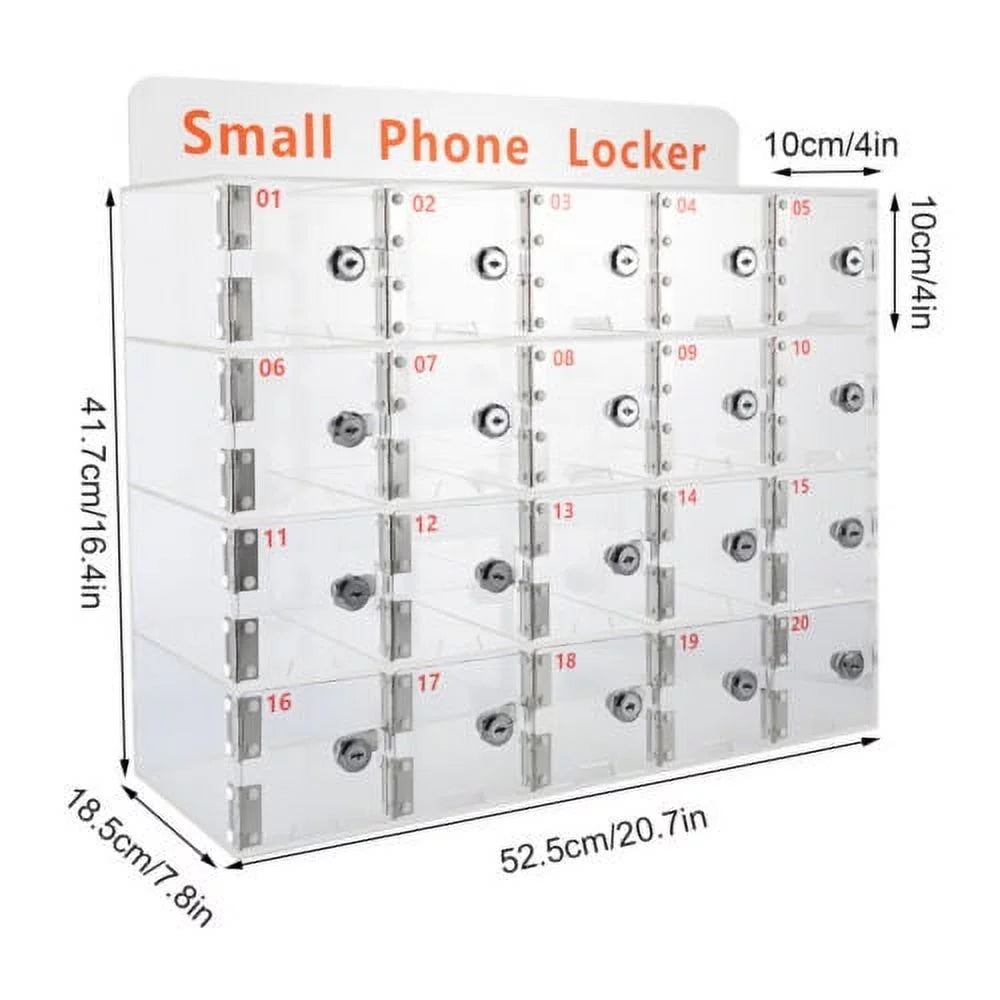 20 Box Storage Keys Acrylic Cell Cellphone Locker Clear Thickened Slots Phone w/