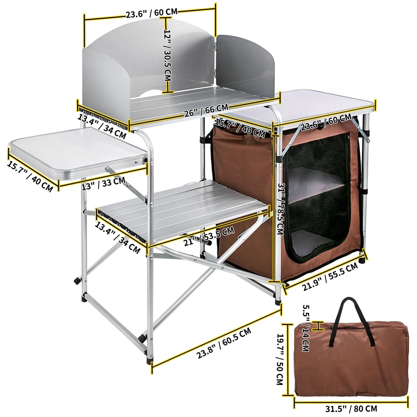 2-Tier, Party, Outdoor Camping Table Table for Color, Portable Camp Kitchen Zippered BBQ, Folding Camping, Table Brown SKYSHALO Bag with Cook