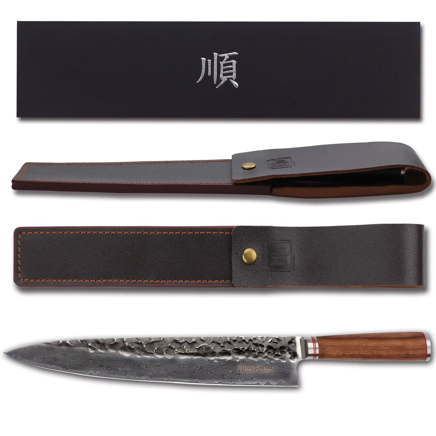 12 - Natural YOUSUNLONG Chef inch Japanese Handle Pro Hammered with Steel Walnut Knife Gyuto Damascus Sheath Wooden Leather