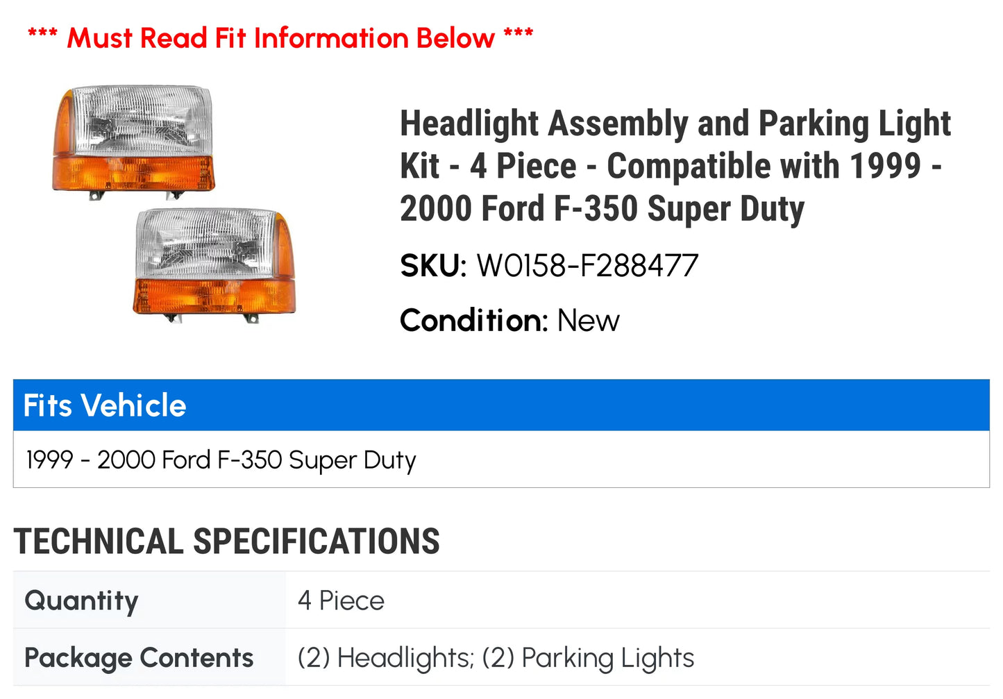 1999 Parking Ford and - Compatible Cornering Duty Super Piece Headlight 4 Light 2000 - Kit F-350 with -