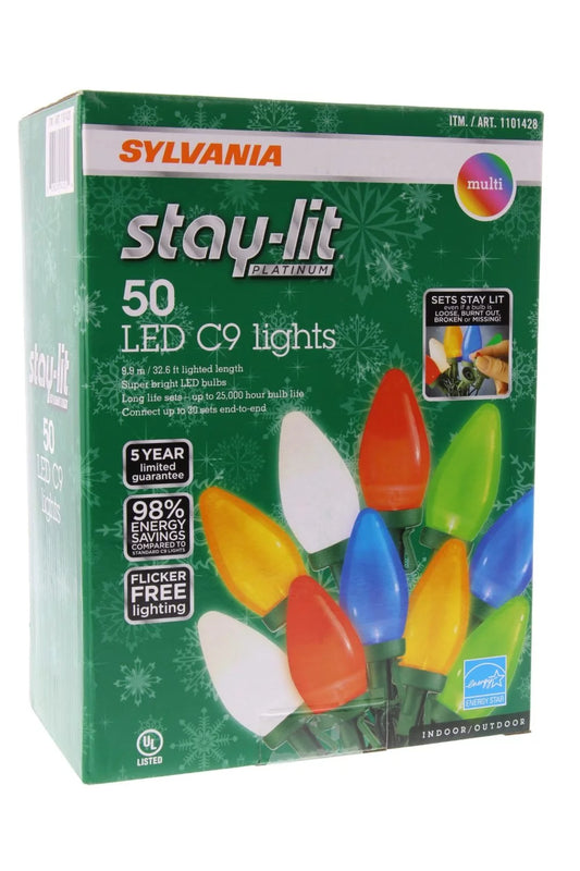 (50ct Lights Colors Sylvania & String Indoor/Outdoor C9 Christmas lights, (Various Sizes) Multi-Colored) LED Stay-Lit Platinum