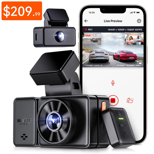 2.5K with Dash Dash Way Parking Vision, 24 and Rear Hours Night 3 IR 3 Cam Front STARVIS Support Voice 1944P+1080P+1080P Control, Triple WiFi Vantrue 512GB Camera Mode, Inside, GPS E3 Channel Max