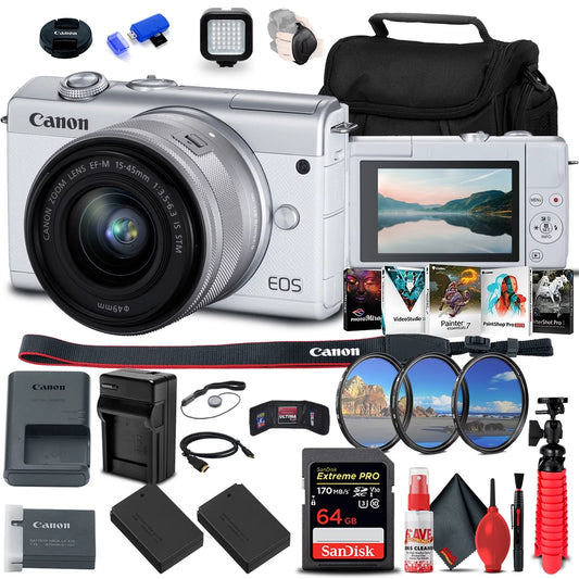 + Photo (White) 64GB EOS Reader LED LPE12 Camera with + More 15-45mm Canon Card Corel Software + Light Kit Charger + Filter 2 External Card + Lens Memory (3700C009) Battery x + + M200 Mirrorless +