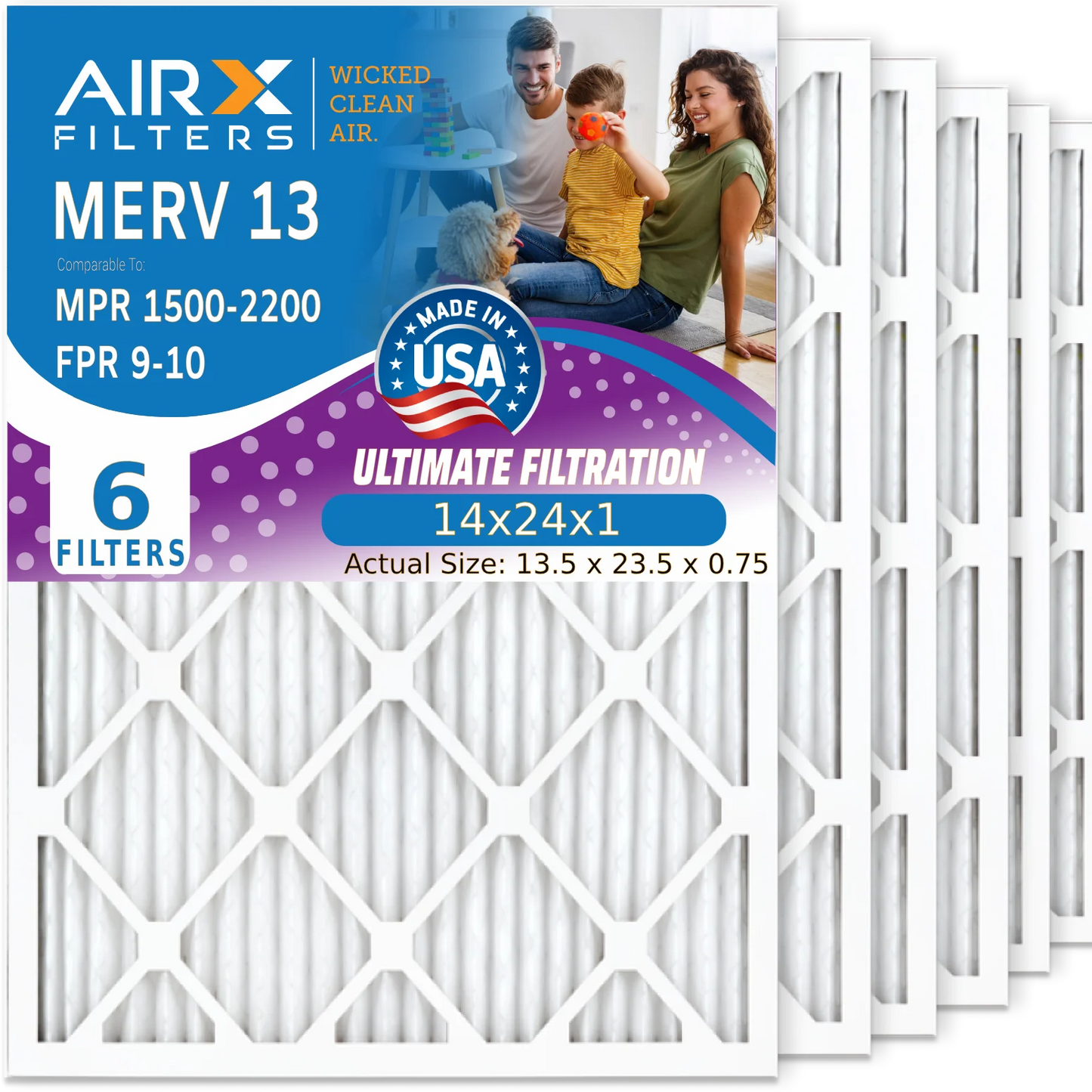 1500 by Air HVAC Air Filter & Premium 13 Pack MPR Filter Filters 14x24x1 MERV 2200 6 WICKED AC Made USA AIR. - 9 to Furnace CLEAN 14x24x1 Comparable FPR Electrostatic AIRX FILTERS Pleated Conditioner