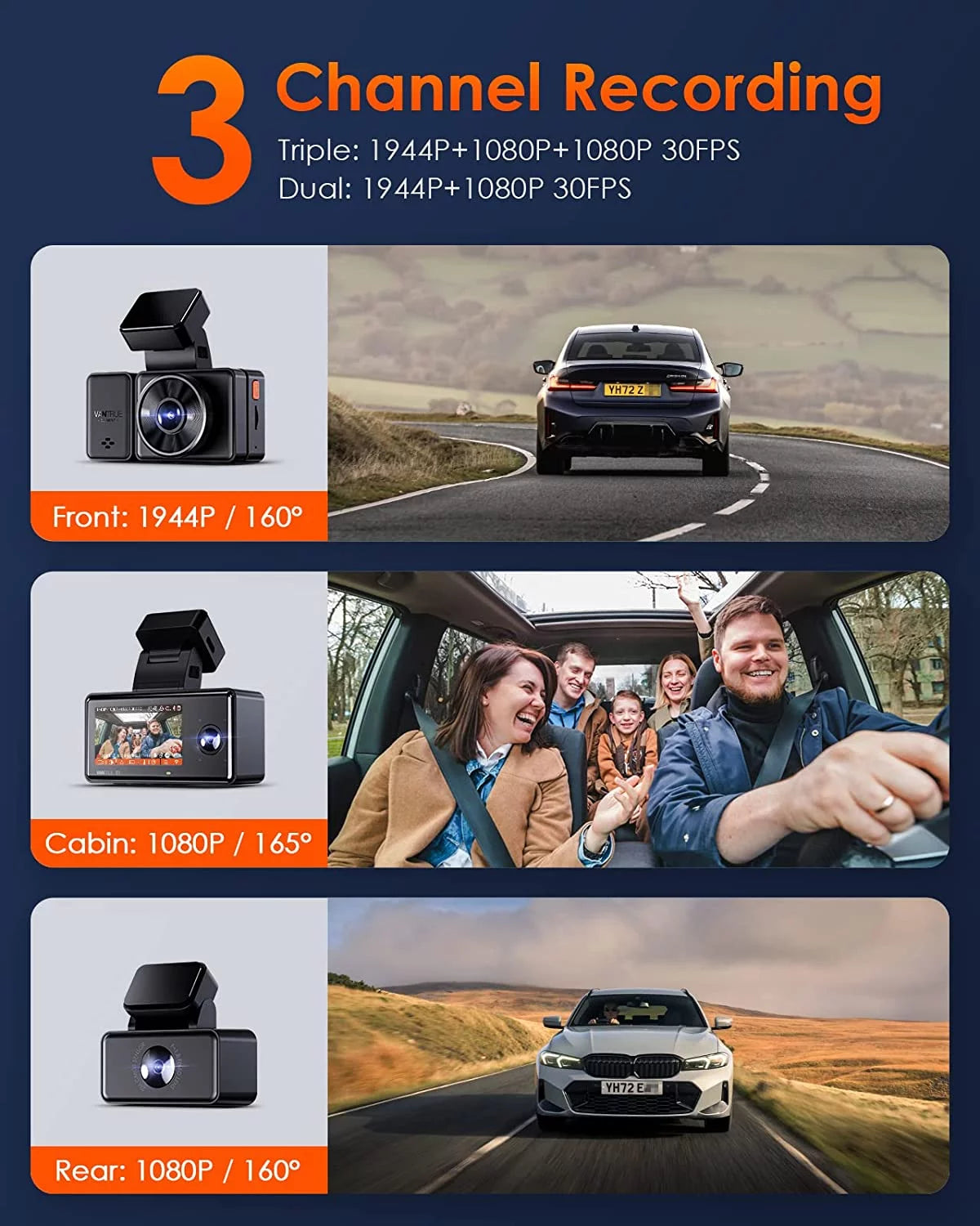 2.5K with Dash Dash Way Parking Vision, 24 and Rear Hours Night 3 IR 3 Cam Front STARVIS Support Voice 1944P+1080P+1080P Control, Triple WiFi Vantrue 512GB Camera Mode, Inside, GPS E3 Channel Max