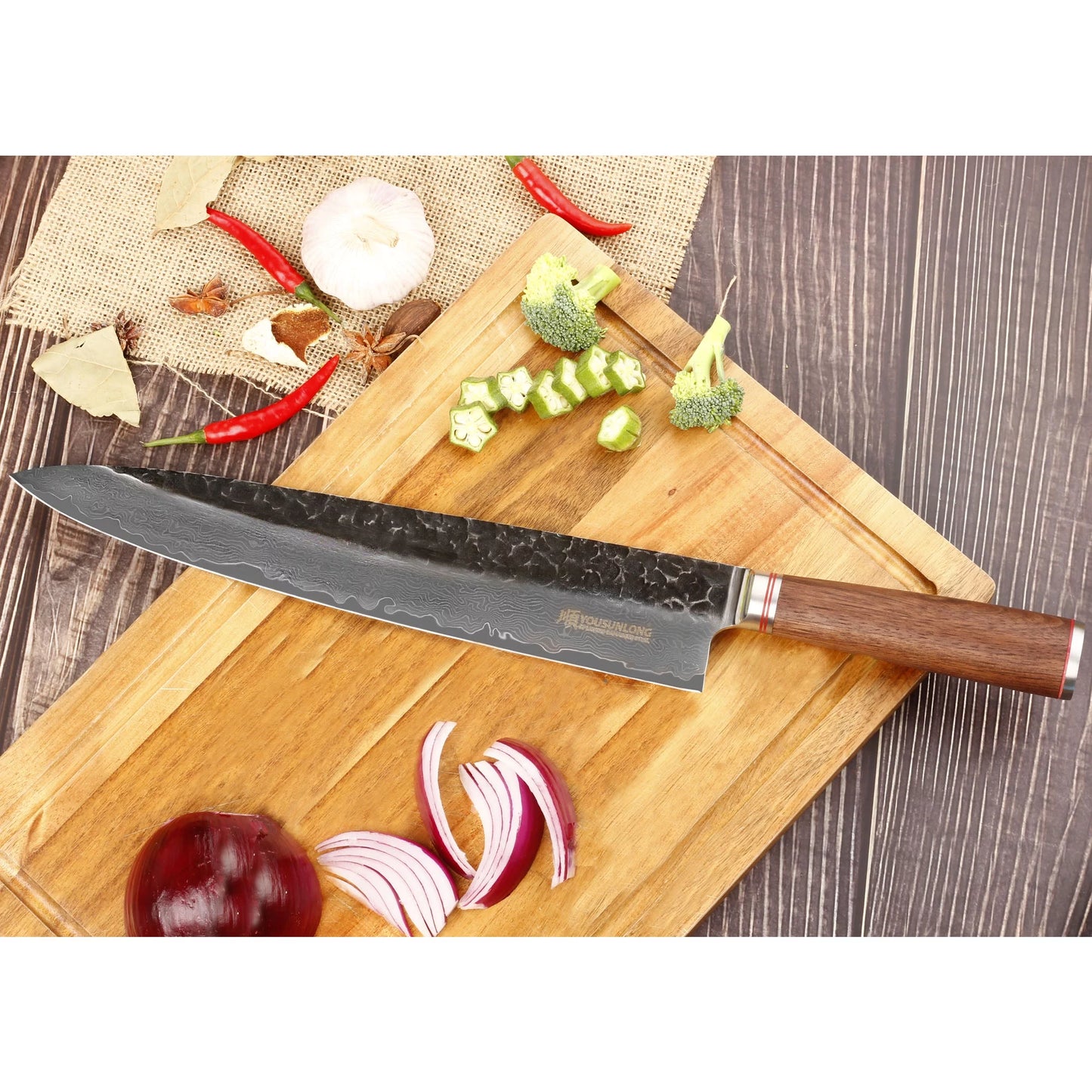 12 - Natural YOUSUNLONG Chef inch Japanese Handle Pro Hammered with Steel Walnut Knife Gyuto Damascus Sheath Wooden Leather