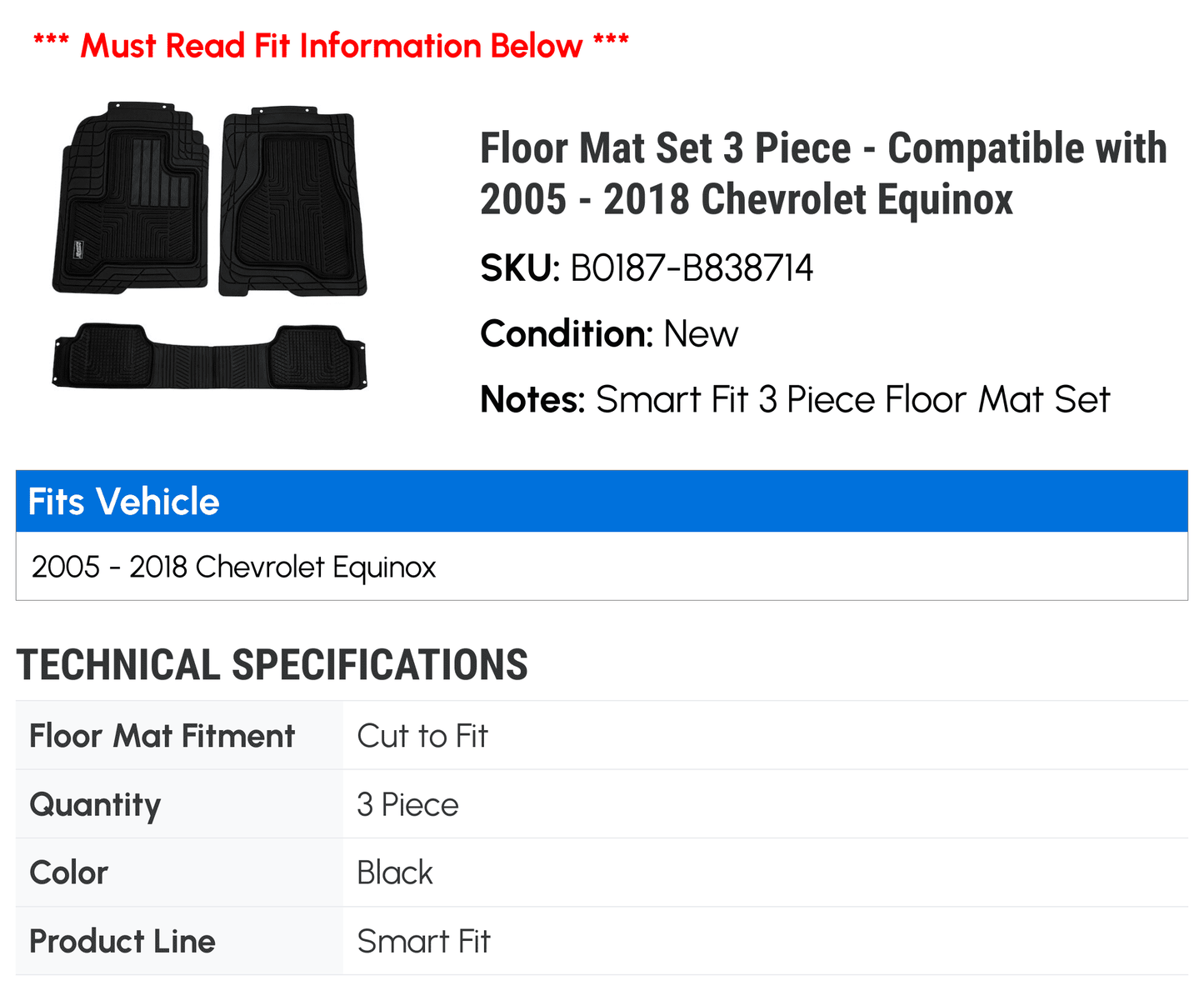 - 2017 2018 Compatible Equinox 2007 2010 Piece 2013 2008 2011 - Mat with 2015 Chevy 2006 Floor 2016 2014 3 2005 Set 2012 2009